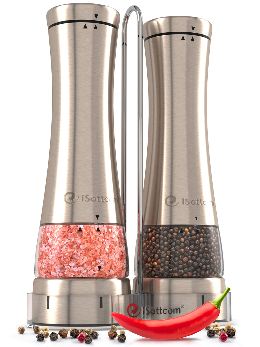 Electric Salt and Pepper Grinder Set - Battery Operated Stainless Steel  Mill wit